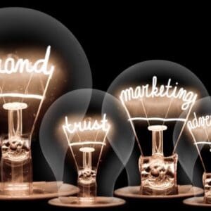 set of fixed lightbulbs with labels in light in each build design logo brand trust marketing advertising loyalty quality