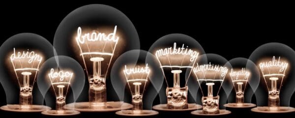 set of fixed lightbulbs with labels in light in each build design logo brand trust marketing advertising loyalty quality