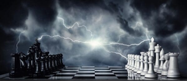 chessboard with black and white pieces on each side in starting position lighting strikes between the kings against dark background