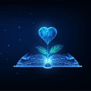 dark background open book with flower rising from centre with heart as the head plexus shimmery blue design