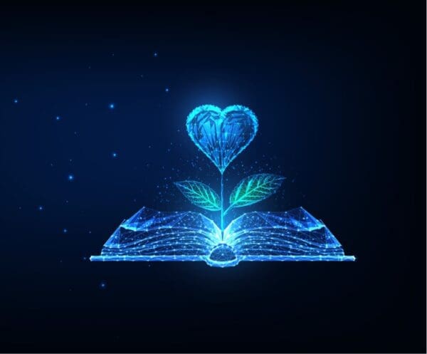 dark background open book with flower rising from centre with heart as the head plexus shimmery blue design