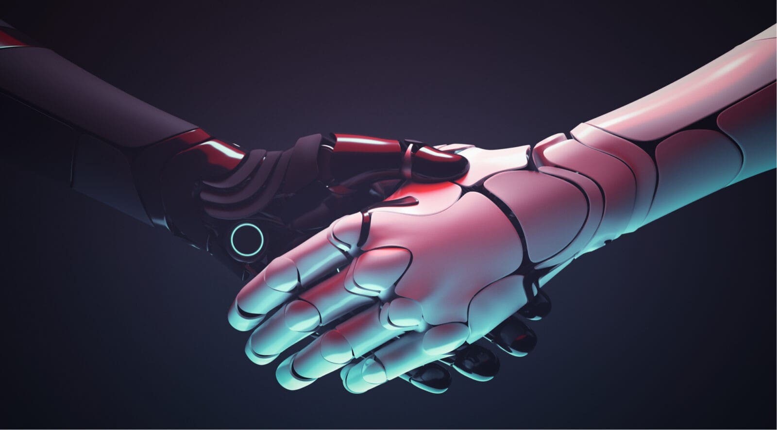 Dark background one robotic arm and hand from each side in black and grey shaking hands