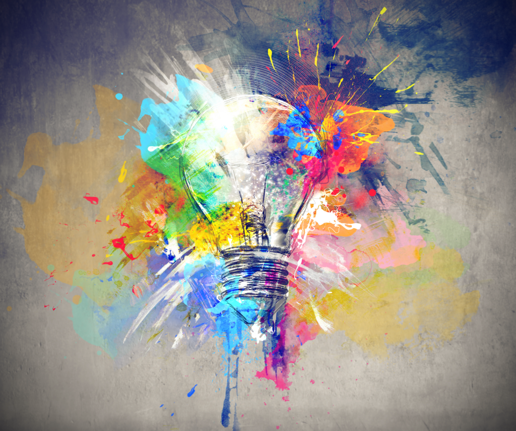 light grey background with a hand-drawn light bulb bursting vibrant colours