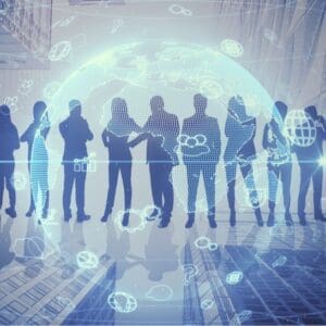 silhouettes of business people in row different poses interactions with holographic globe and icons and structure background