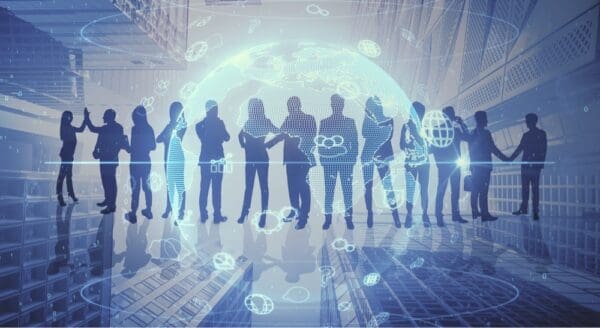 silhouettes of business people in row different poses interactions with holographic globe and icons and structure background