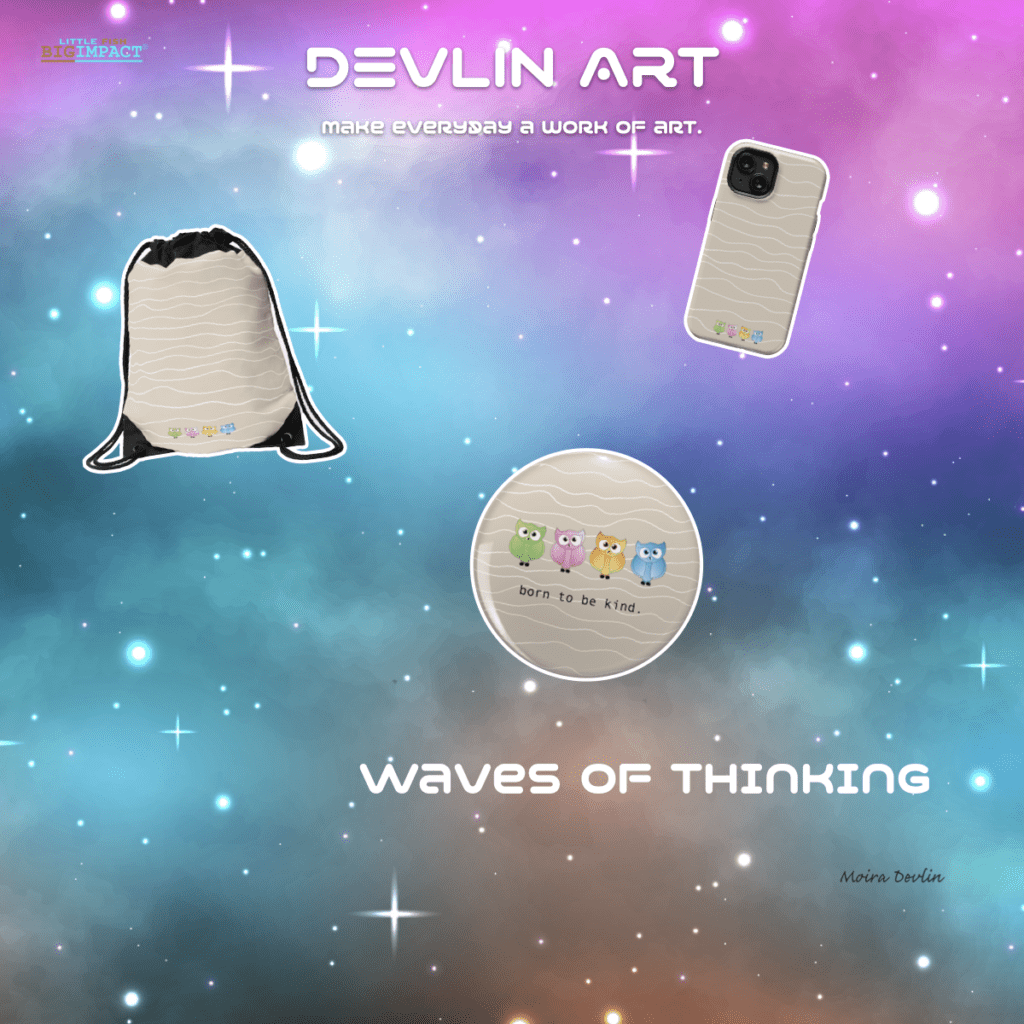 Promotional image for "devlin art" featuring a backpack, smartphone with cover, and a badge set against a cosmic background, titled "waves of thinking" by marina devlin.