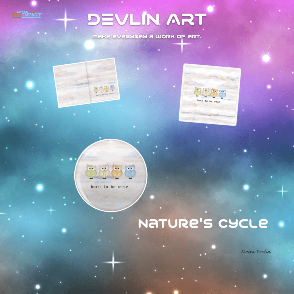 Artistic promotional graphic for "devlin art" featuring a central circular illustration with cute owl characters, surrounded by a cosmic background and text overlays about art.