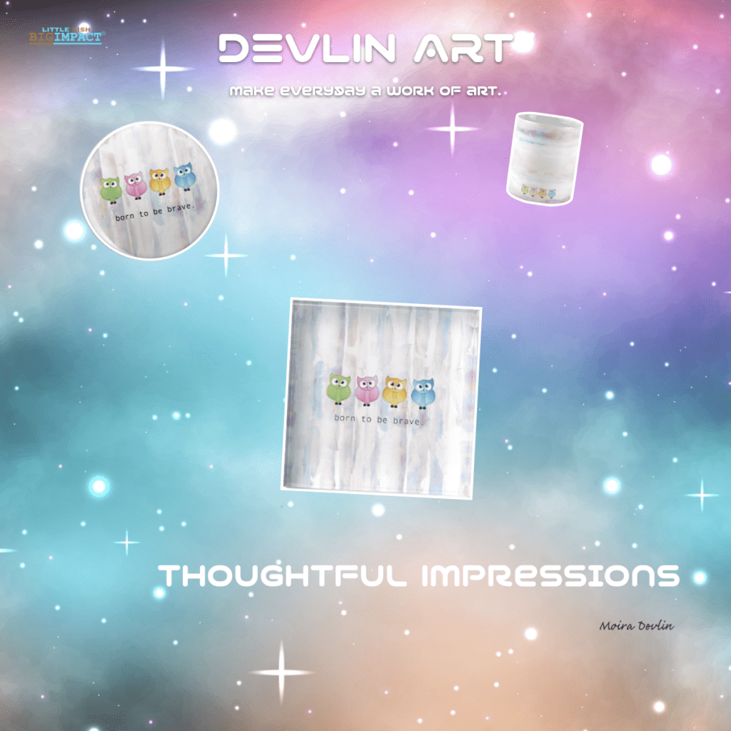 Promotional image for devlin art featuring illustrations of cute owls on products like mugs and canvas, set against a dreamy, cosmic background with the text "thoughtful impressions.