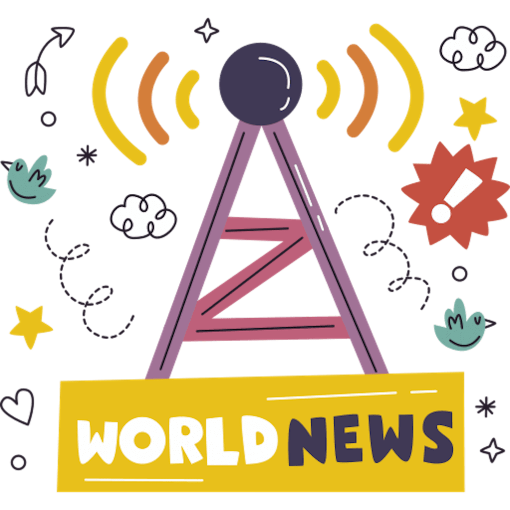 In bright mixed colours with pale grey background world news sign sitting across transmitter surrounded by images of stars, hearts, birds, arrows and clouds