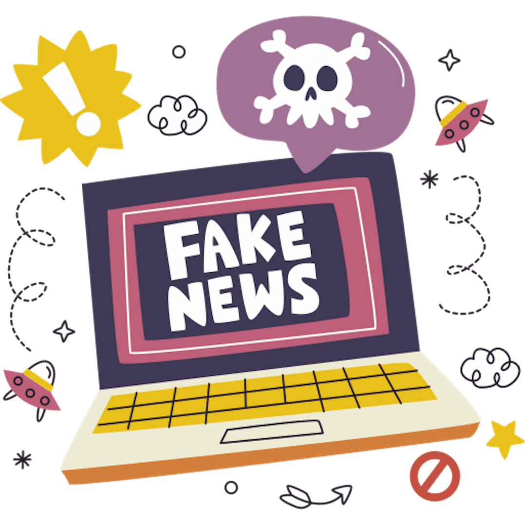 In bright mixed colours with pale grey background a laptop one on its side with fake news written on its screen surrounded by flying saucers no entry sign, stars, swirling arrows, exclamation mark and cross-bows and skull sitting in speech bubble coming out of laptop