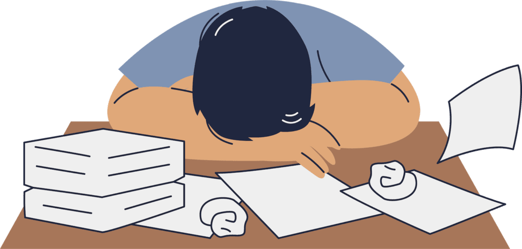 In subtle mixed colours a man is slumped over desk with files, papers scattered and paper scrunched up.