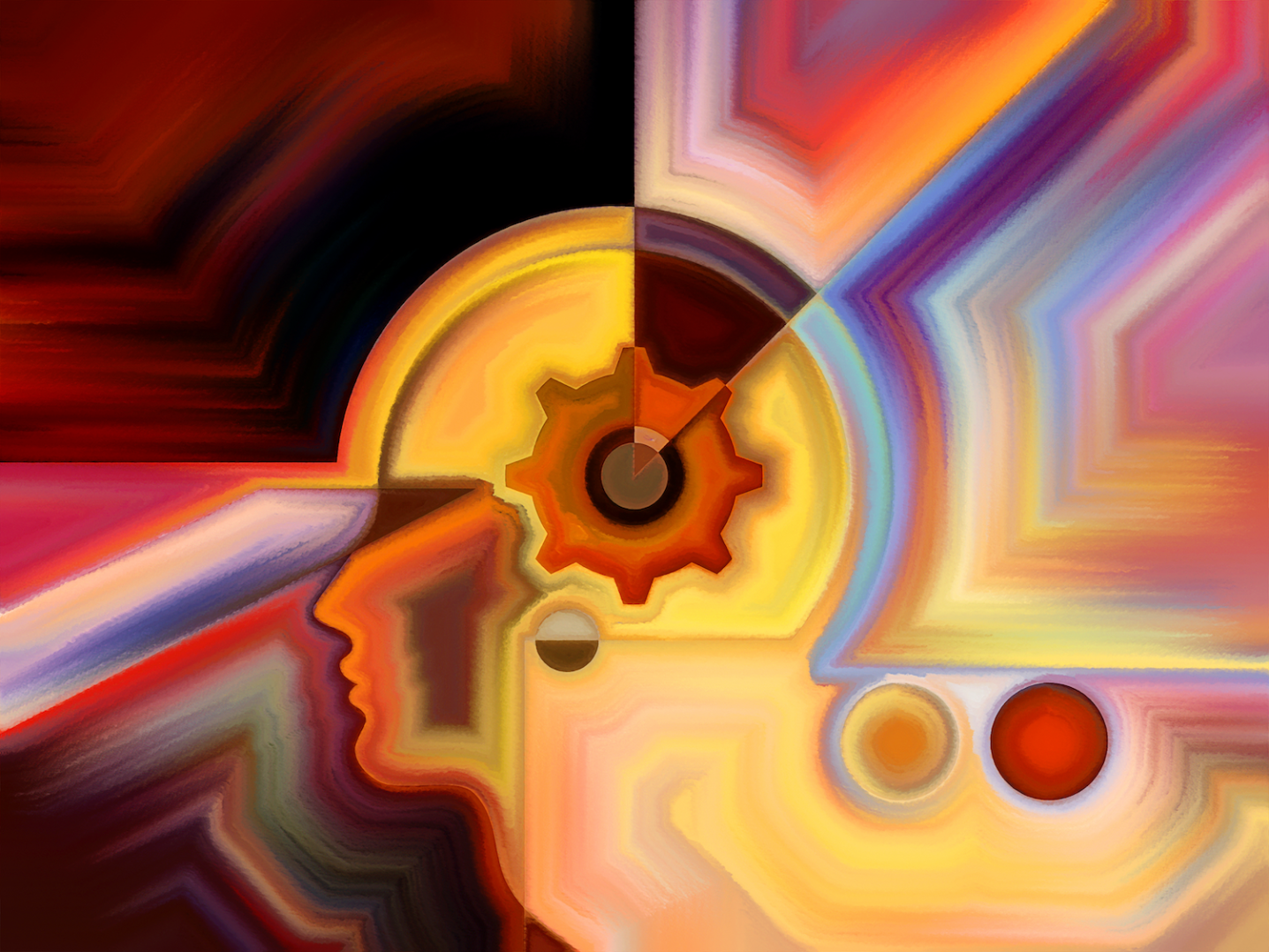 in bright warm colours an abstract design a head and cog